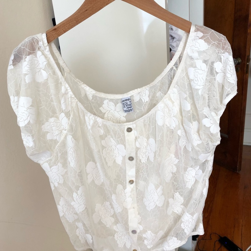 Blue Night White Lace Wide Scoop Blouse